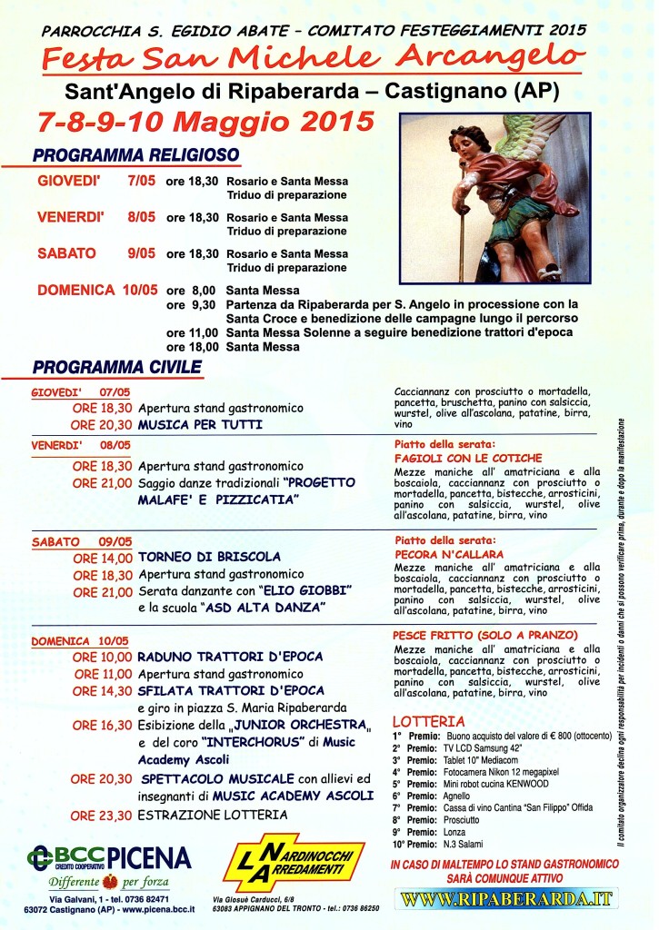 Programma della festa di Sant Angelo 2015 a Ripaberarda